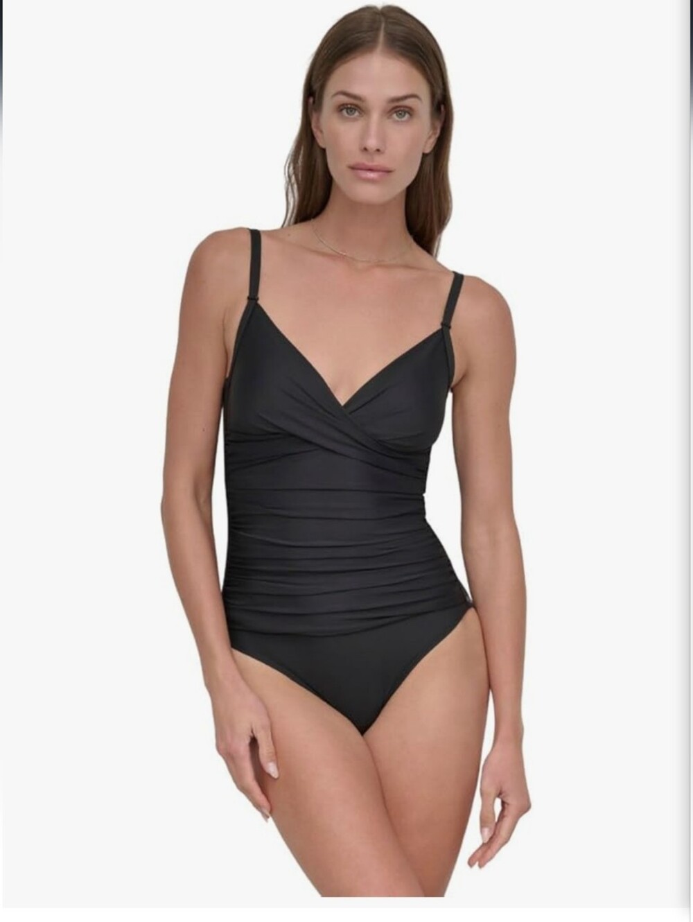 NWT DKNY Women's Surplice Ruched Spaghetti Strap 1 Piece Swimsuit Tummy Control
